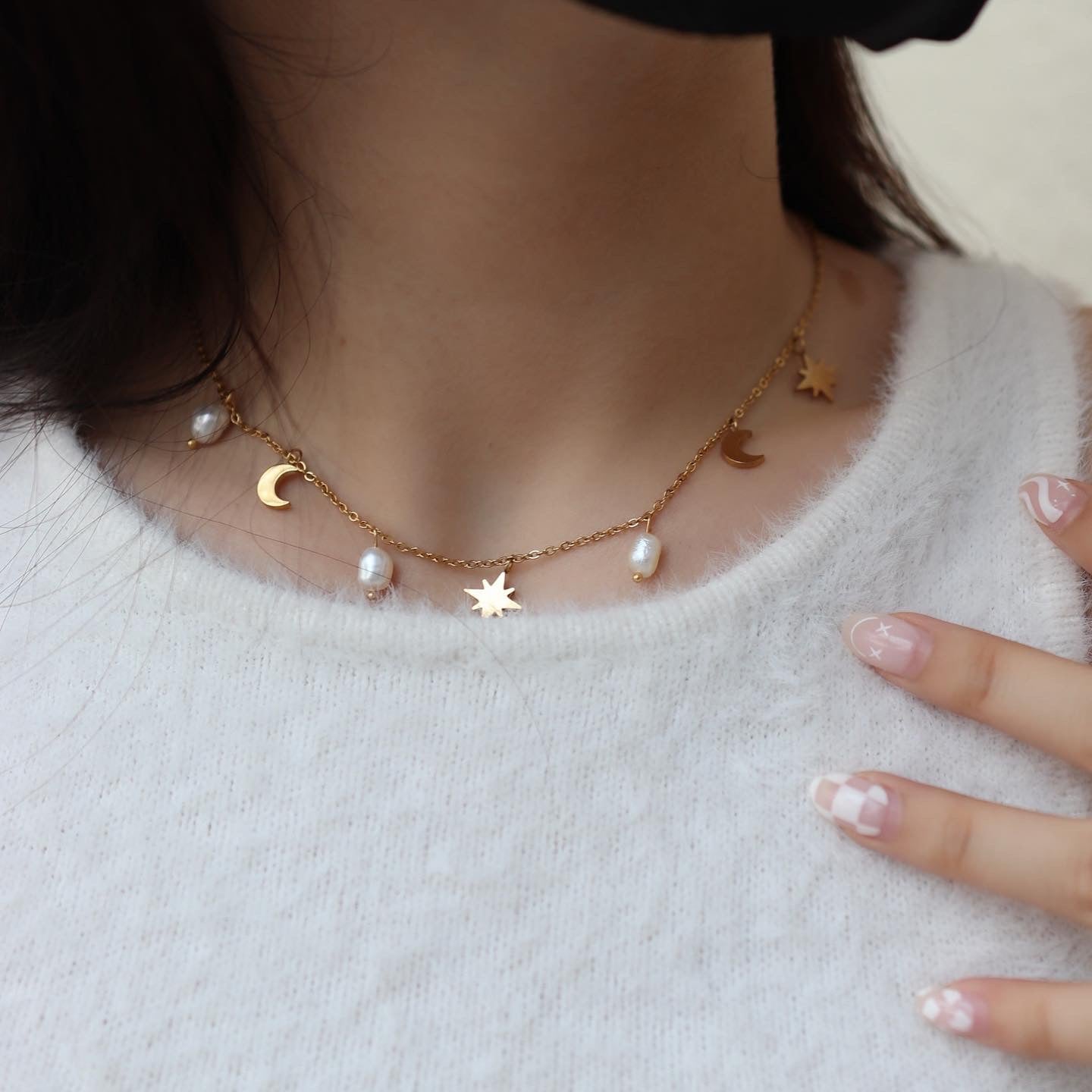 Moon and Star Pearls Charms Necklace