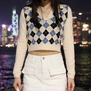 Faye Argyle Long Sleeve Polo Crop Top