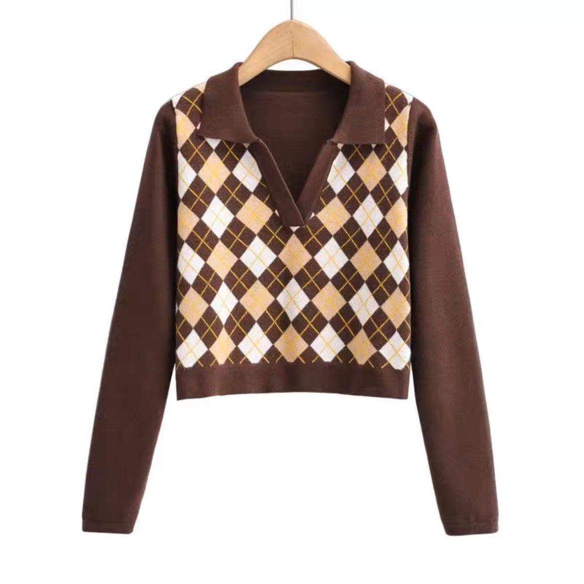 Faye Argyle Long Sleeve Polo Crop Top