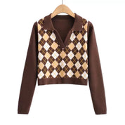 Faye Argyle Long Sleeve Polo Crop Top