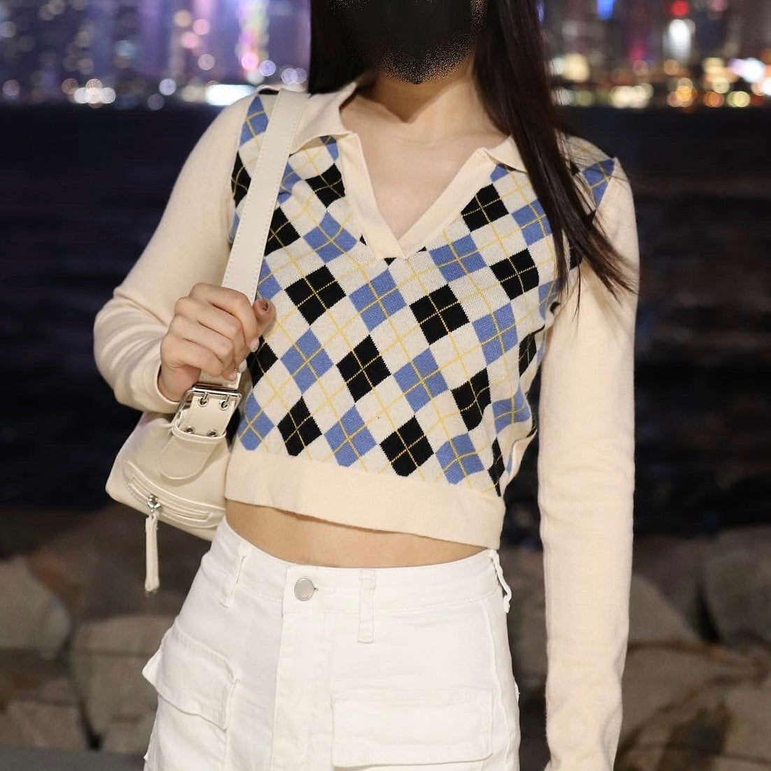 Faye Argyle Long Sleeve Polo Crop Top