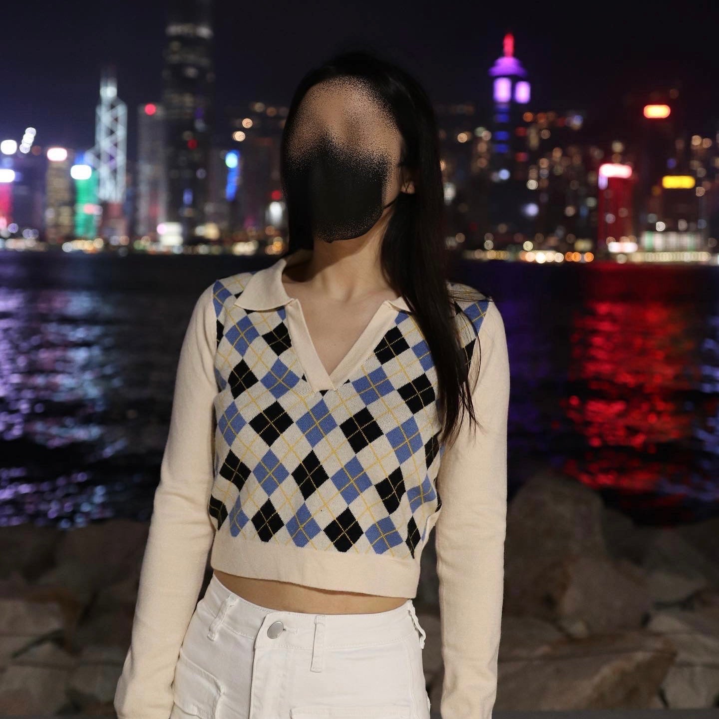 Faye Argyle Long Sleeve Polo Crop Top