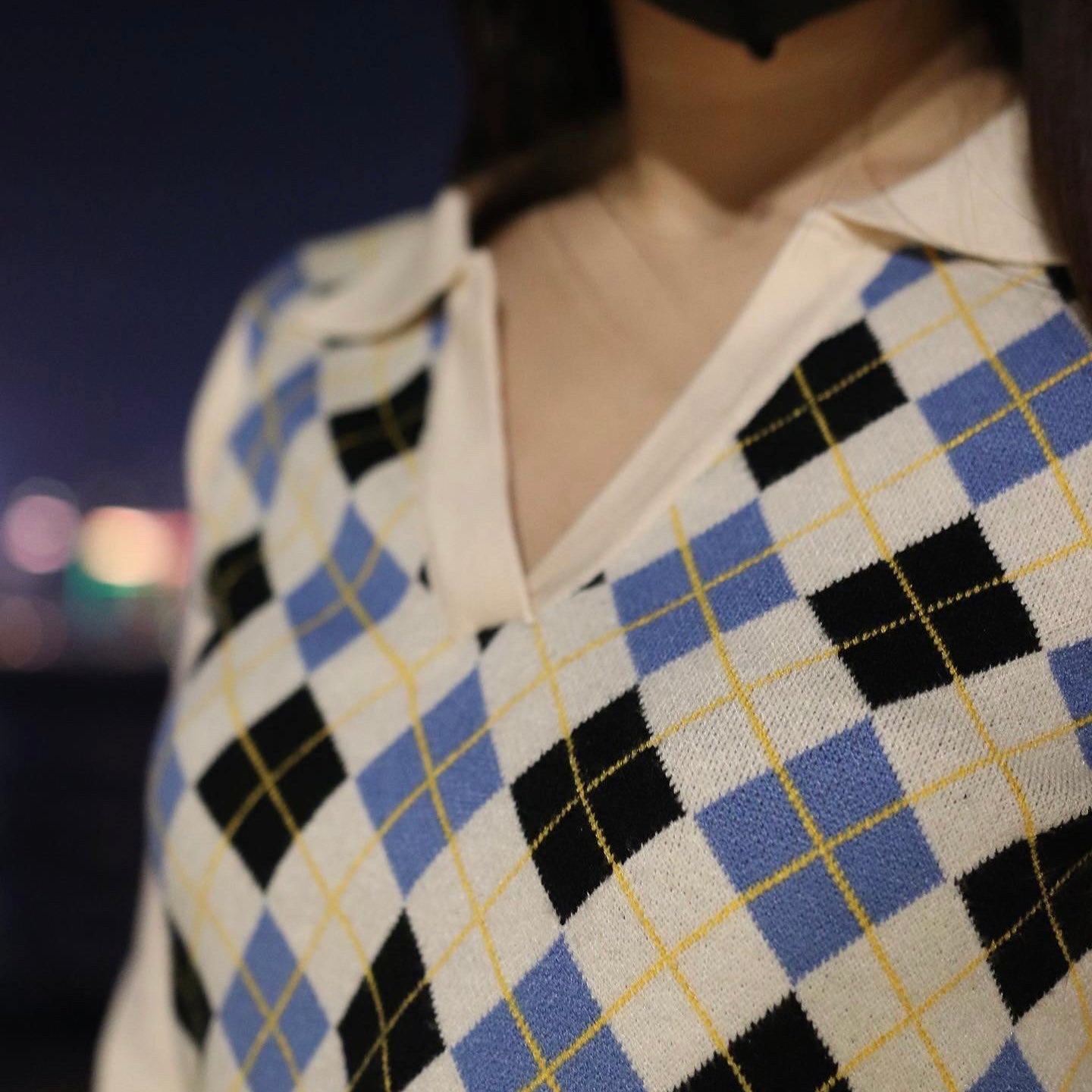 Faye Argyle Long Sleeve Polo Crop Top