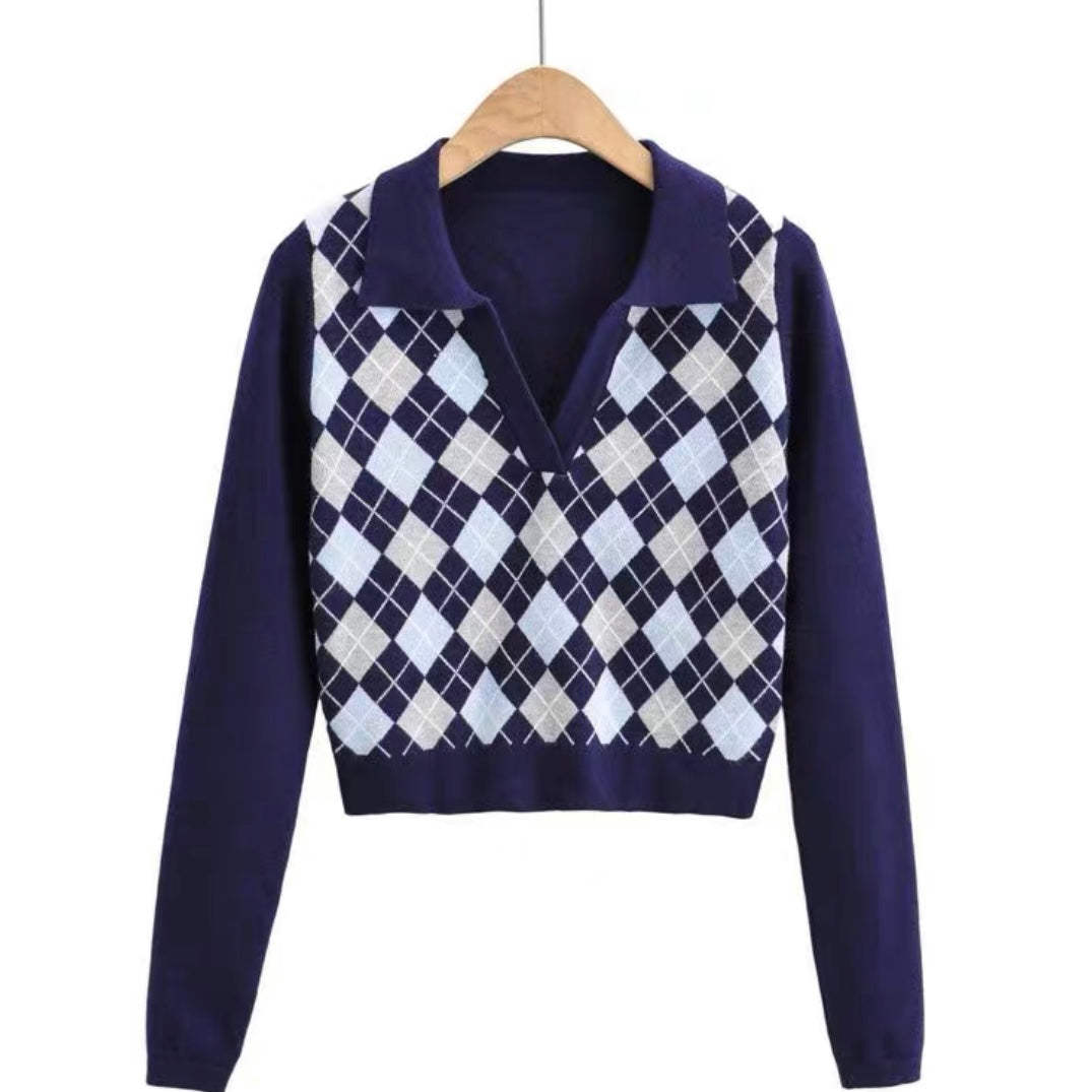 Faye Argyle Long Sleeve Polo Crop Top