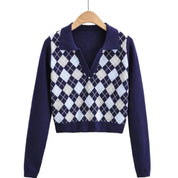 Faye Argyle Long Sleeve Polo Crop Top