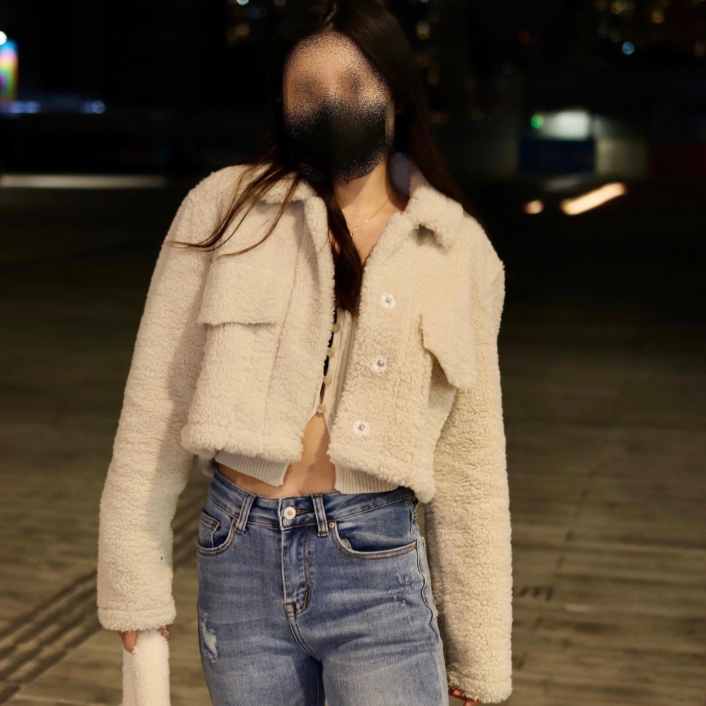 Button Front Crop Teddy Jacket