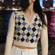 Faye Argyle Long Sleeve Polo Crop Top