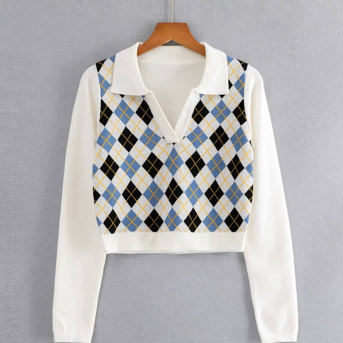 Faye Argyle Long Sleeve Polo Crop Top
