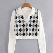 Faye Argyle Long Sleeve Polo Crop Top