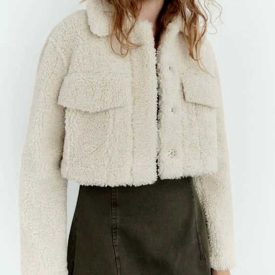 Button Front Crop Teddy Jacket