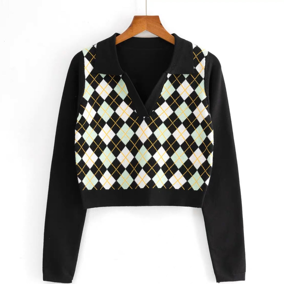 Faye Argyle Long Sleeve Polo Crop Top