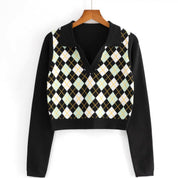 Faye Argyle Long Sleeve Polo Crop Top