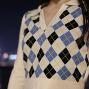 Faye Argyle Long Sleeve Polo Crop Top